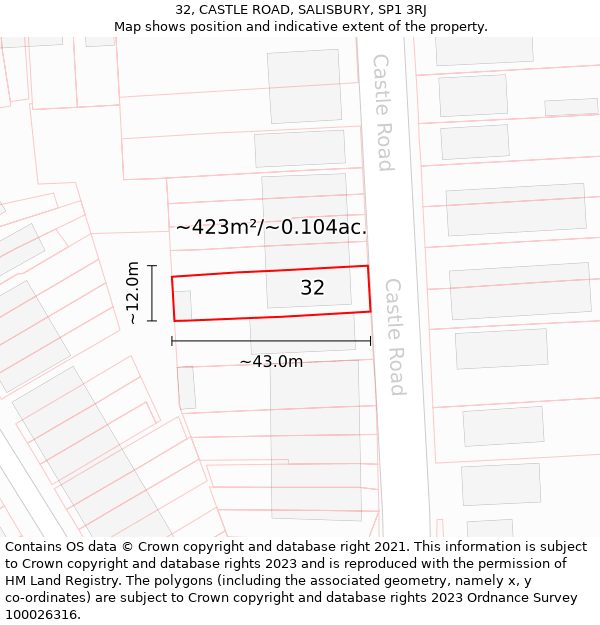 32, CASTLE ROAD, SALISBURY, SP1 3RJ: Plot and title map