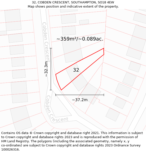 32, COBDEN CRESCENT, SOUTHAMPTON, SO18 4EW: Plot and title map