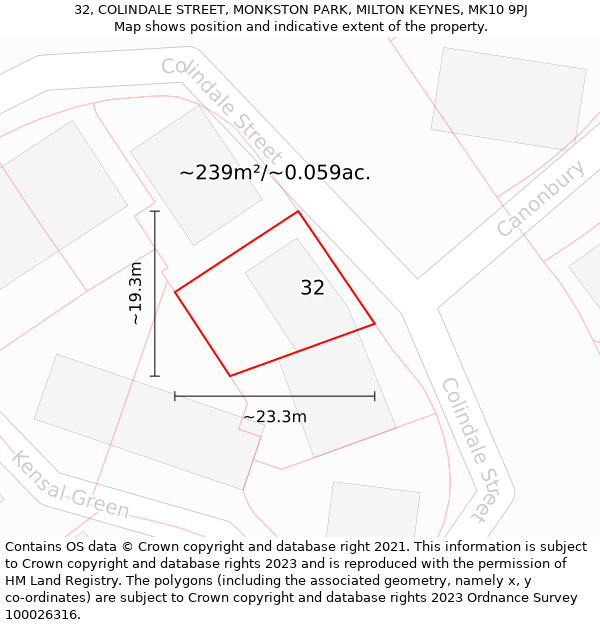 32, COLINDALE STREET, MONKSTON PARK, MILTON KEYNES, MK10 9PJ: Plot and title map