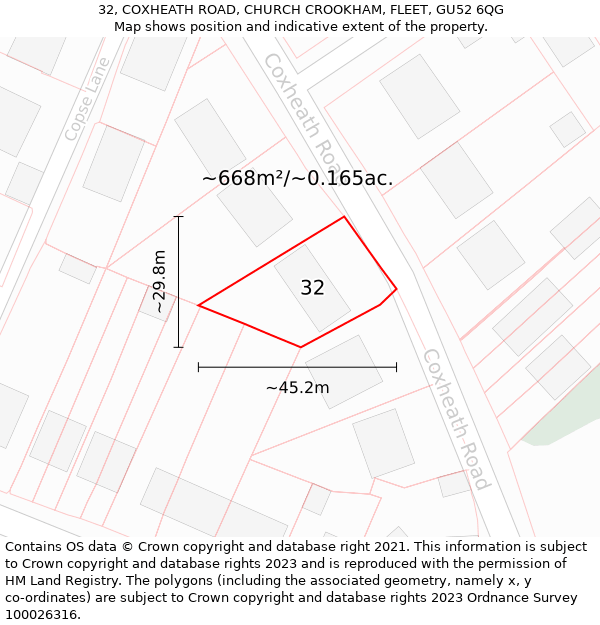 32, COXHEATH ROAD, CHURCH CROOKHAM, FLEET, GU52 6QG: Plot and title map