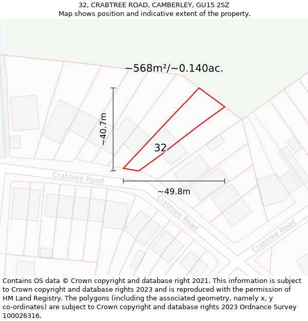 32, CRABTREE ROAD, CAMBERLEY, GU15 2SZ: Plot and title map