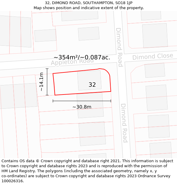 32, DIMOND ROAD, SOUTHAMPTON, SO18 1JP: Plot and title map