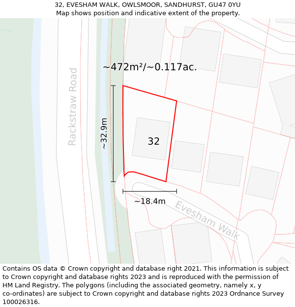 32, EVESHAM WALK, OWLSMOOR, SANDHURST, GU47 0YU: Plot and title map