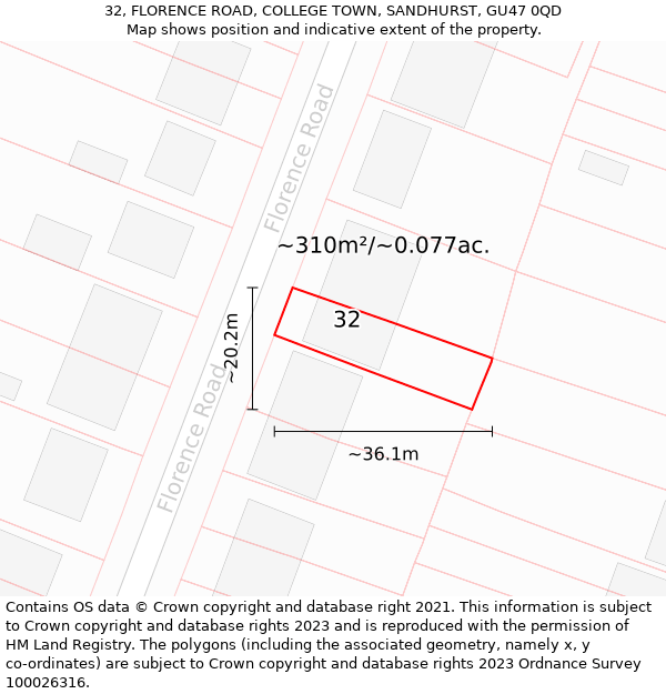 32, FLORENCE ROAD, COLLEGE TOWN, SANDHURST, GU47 0QD: Plot and title map