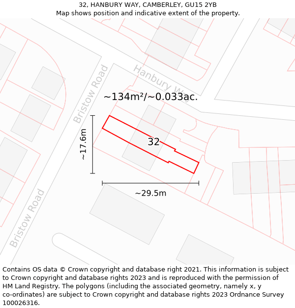 32, HANBURY WAY, CAMBERLEY, GU15 2YB: Plot and title map