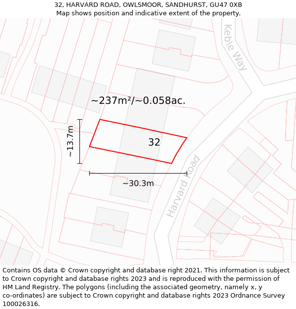 32, HARVARD ROAD, OWLSMOOR, SANDHURST, GU47 0XB: Plot and title map