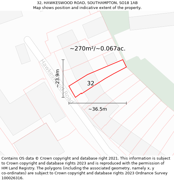 32, HAWKESWOOD ROAD, SOUTHAMPTON, SO18 1AB: Plot and title map