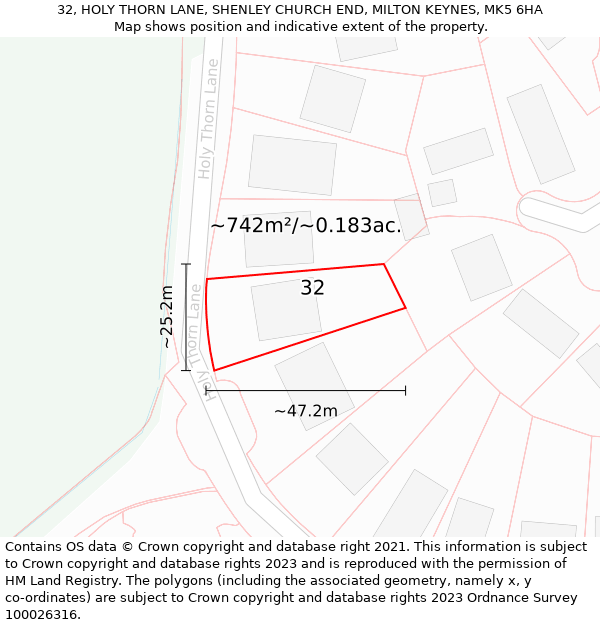 32, HOLY THORN LANE, SHENLEY CHURCH END, MILTON KEYNES, MK5 6HA: Plot and title map