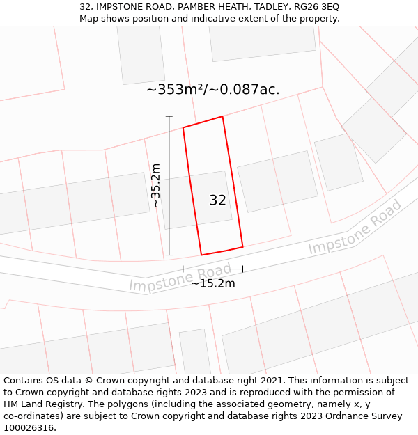 32, IMPSTONE ROAD, PAMBER HEATH, TADLEY, RG26 3EQ: Plot and title map