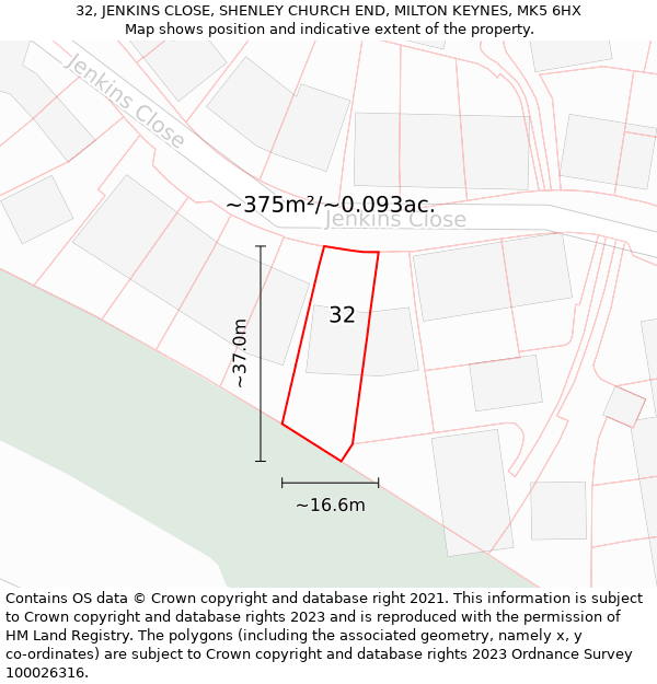 32, JENKINS CLOSE, SHENLEY CHURCH END, MILTON KEYNES, MK5 6HX: Plot and title map