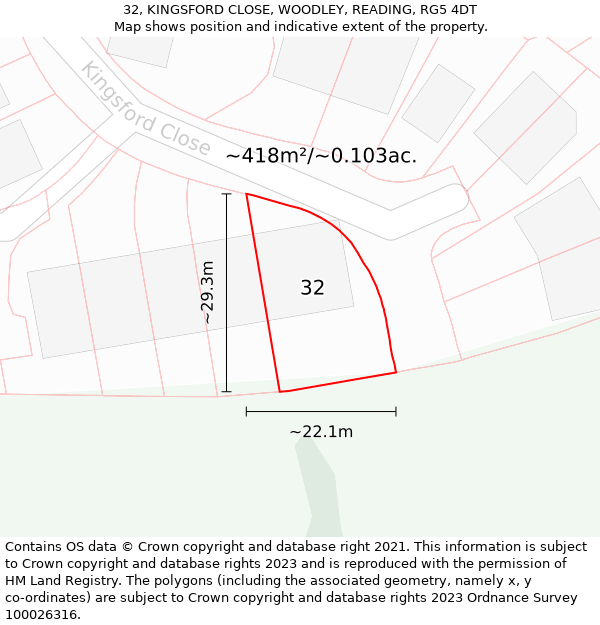 32, KINGSFORD CLOSE, WOODLEY, READING, RG5 4DT: Plot and title map