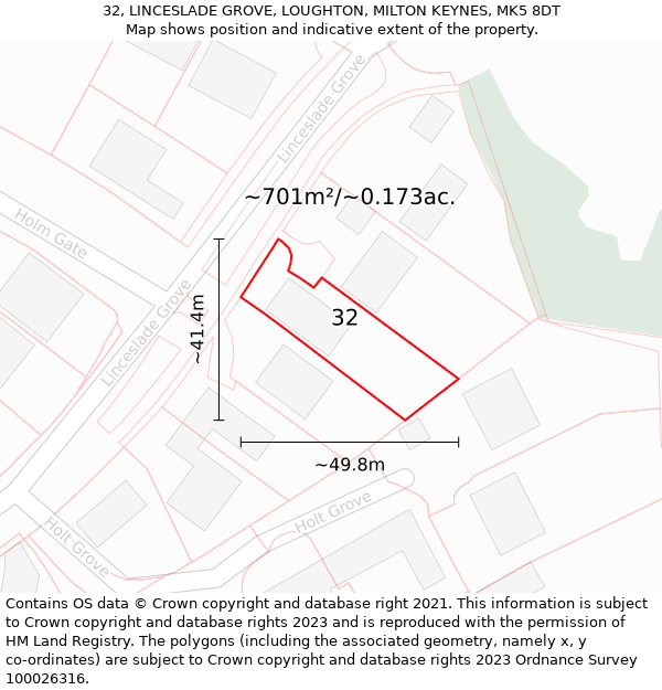 32, LINCESLADE GROVE, LOUGHTON, MILTON KEYNES, MK5 8DT: Plot and title map