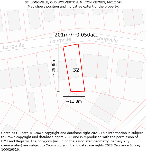 32, LONGVILLE, OLD WOLVERTON, MILTON KEYNES, MK12 5PJ: Plot and title map