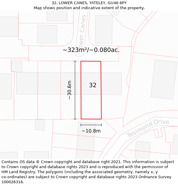 32, LOWER CANES, YATELEY, GU46 6PY: Plot and title map