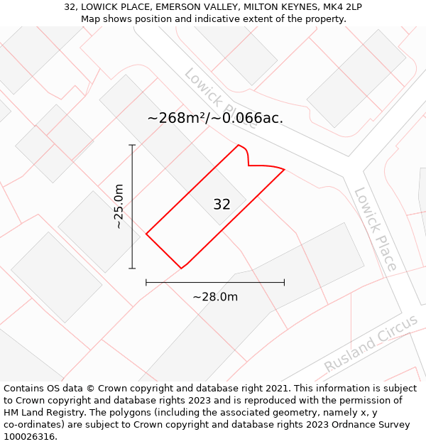 32, LOWICK PLACE, EMERSON VALLEY, MILTON KEYNES, MK4 2LP: Plot and title map