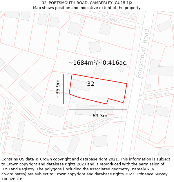 32, PORTSMOUTH ROAD, CAMBERLEY, GU15 1JX: Plot and title map