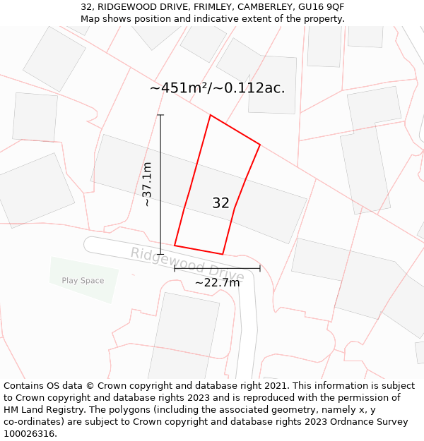 32, RIDGEWOOD DRIVE, FRIMLEY, CAMBERLEY, GU16 9QF: Plot and title map