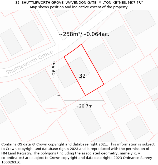 32, SHUTTLEWORTH GROVE, WAVENDON GATE, MILTON KEYNES, MK7 7RY: Plot and title map