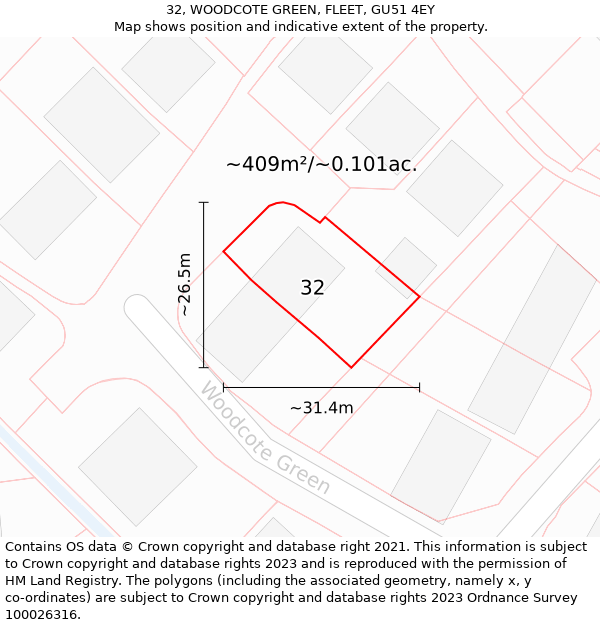 32, WOODCOTE GREEN, FLEET, GU51 4EY: Plot and title map