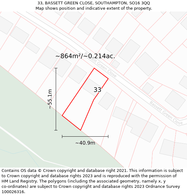 33, BASSETT GREEN CLOSE, SOUTHAMPTON, SO16 3QQ: Plot and title map