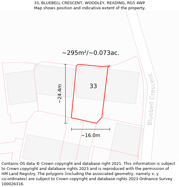 33, BLUEBELL CRESCENT, WOODLEY, READING, RG5 4WP: Plot and title map