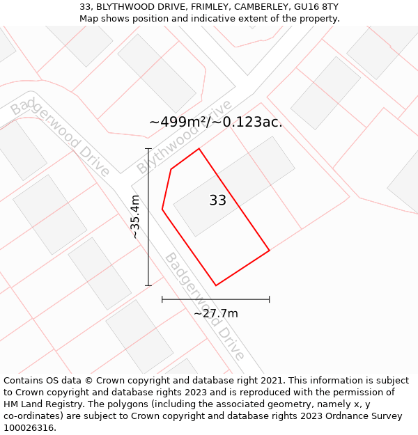 33, BLYTHWOOD DRIVE, FRIMLEY, CAMBERLEY, GU16 8TY: Plot and title map