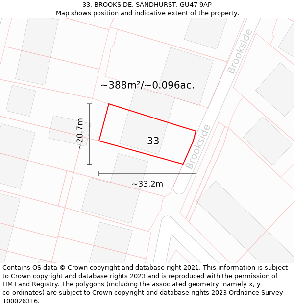 33, BROOKSIDE, SANDHURST, GU47 9AP: Plot and title map