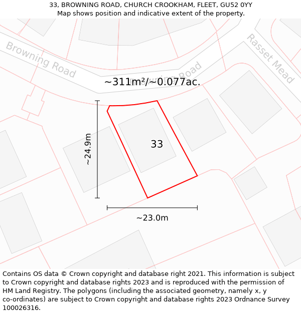 33, BROWNING ROAD, CHURCH CROOKHAM, FLEET, GU52 0YY: Plot and title map