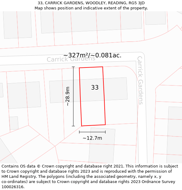 33, CARRICK GARDENS, WOODLEY, READING, RG5 3JD: Plot and title map