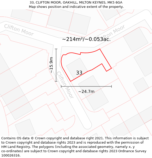 33, CLIFTON MOOR, OAKHILL, MILTON KEYNES, MK5 6GA: Plot and title map