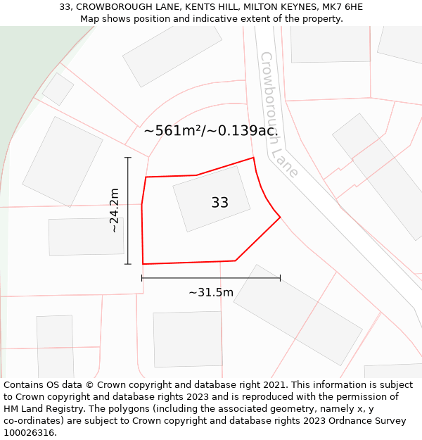 33, CROWBOROUGH LANE, KENTS HILL, MILTON KEYNES, MK7 6HE: Plot and title map