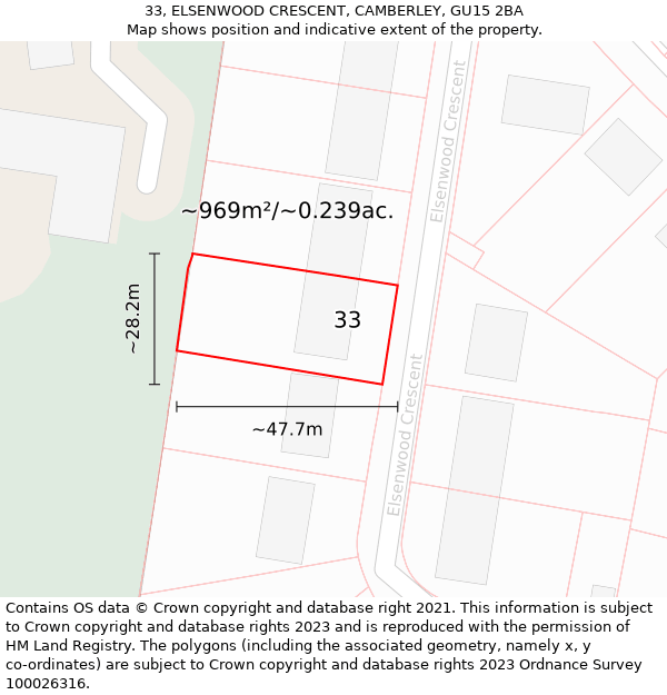 33, ELSENWOOD CRESCENT, CAMBERLEY, GU15 2BA: Plot and title map