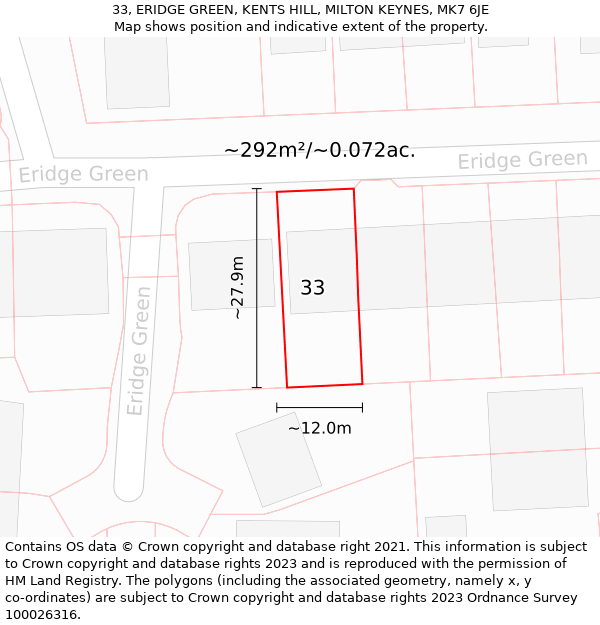 33, ERIDGE GREEN, KENTS HILL, MILTON KEYNES, MK7 6JE: Plot and title map