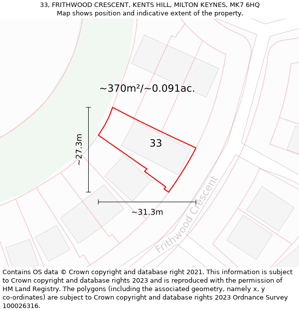 33, FRITHWOOD CRESCENT, KENTS HILL, MILTON KEYNES, MK7 6HQ: Plot and title map