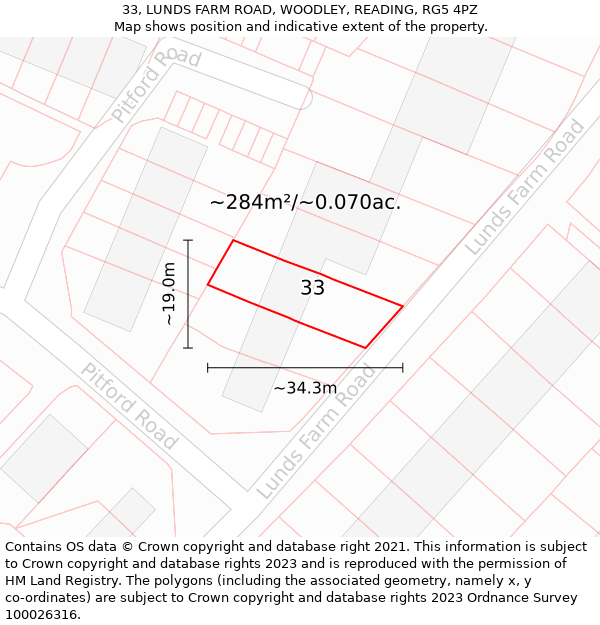 33, LUNDS FARM ROAD, WOODLEY, READING, RG5 4PZ: Plot and title map