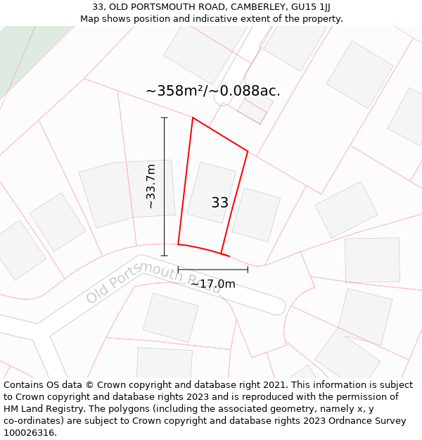 33, OLD PORTSMOUTH ROAD, CAMBERLEY, GU15 1JJ: Plot and title map