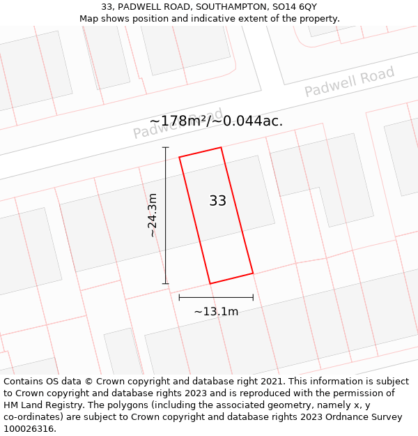 33, PADWELL ROAD, SOUTHAMPTON, SO14 6QY: Plot and title map