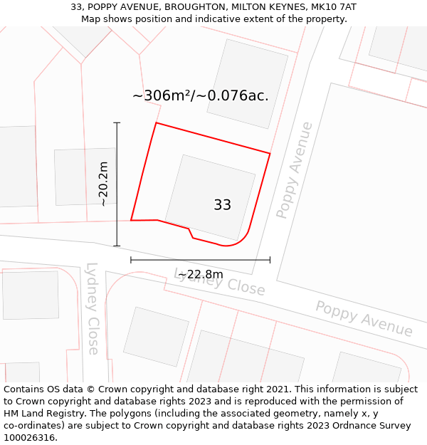 33, POPPY AVENUE, BROUGHTON, MILTON KEYNES, MK10 7AT: Plot and title map