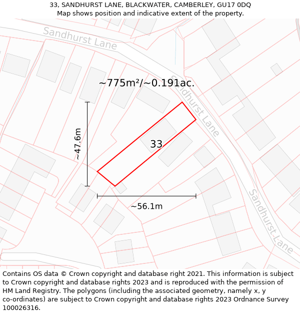 33, SANDHURST LANE, BLACKWATER, CAMBERLEY, GU17 0DQ: Plot and title map