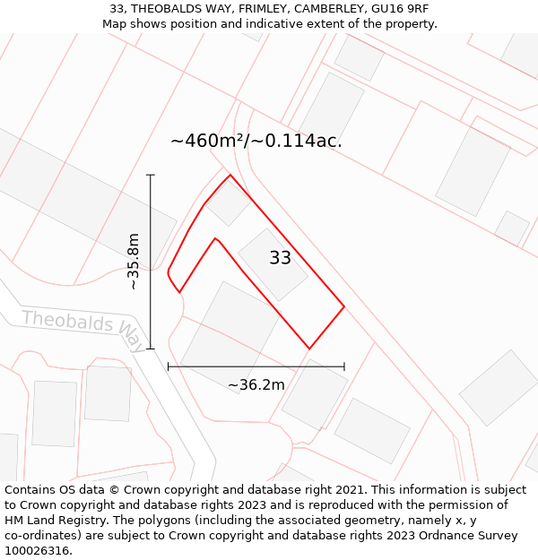 33, THEOBALDS WAY, FRIMLEY, CAMBERLEY, GU16 9RF: Plot and title map