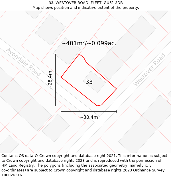 33, WESTOVER ROAD, FLEET, GU51 3DB: Plot and title map