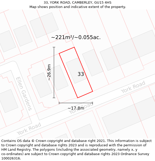 33, YORK ROAD, CAMBERLEY, GU15 4HS: Plot and title map