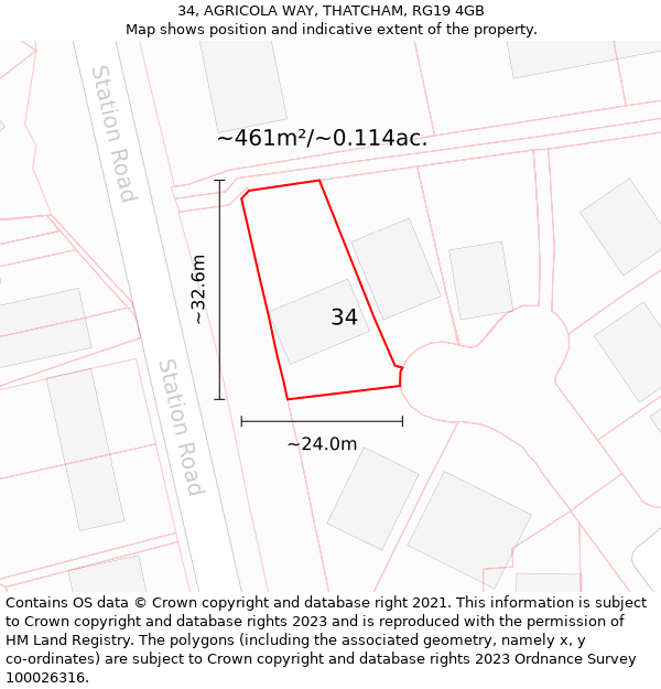 34, AGRICOLA WAY, THATCHAM, RG19 4GB: Plot and title map