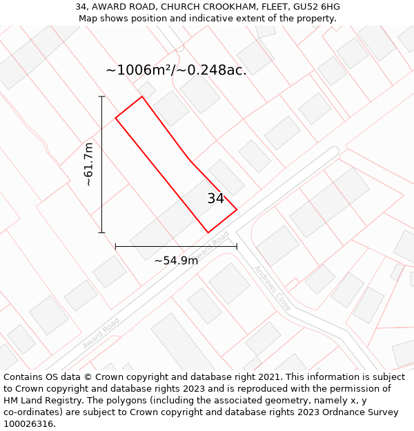 34, AWARD ROAD, CHURCH CROOKHAM, FLEET, GU52 6HG: Plot and title map