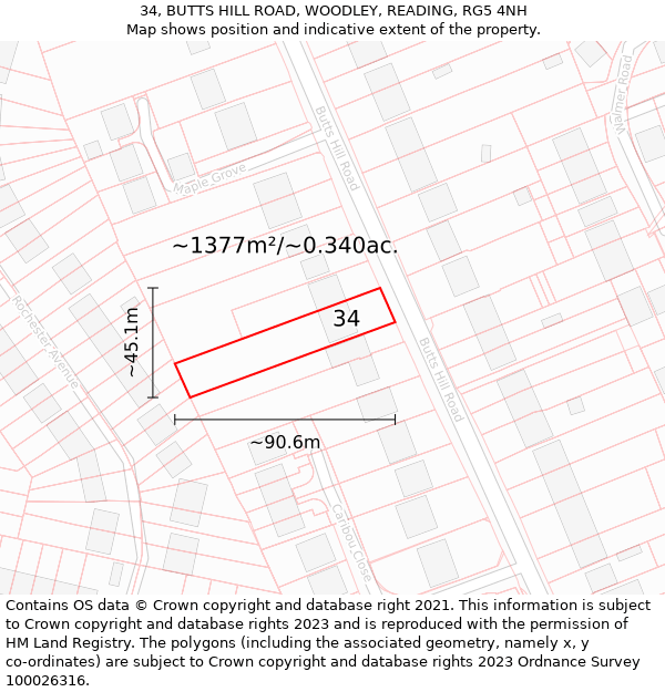 34, BUTTS HILL ROAD, WOODLEY, READING, RG5 4NH: Plot and title map