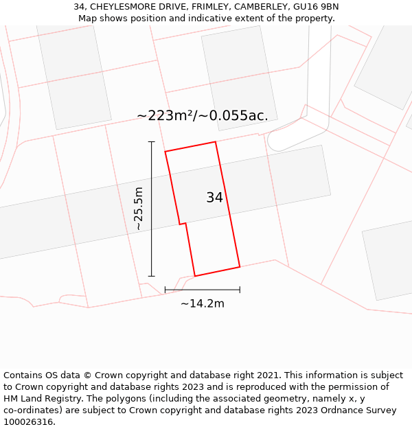 34, CHEYLESMORE DRIVE, FRIMLEY, CAMBERLEY, GU16 9BN: Plot and title map