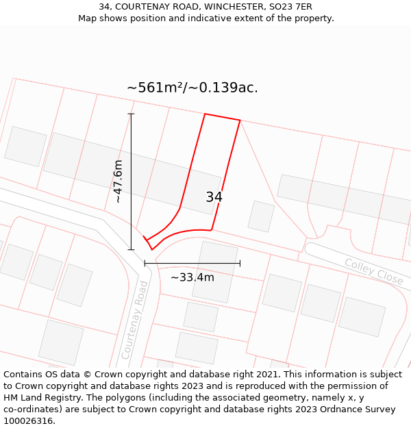 34, COURTENAY ROAD, WINCHESTER, SO23 7ER: Plot and title map