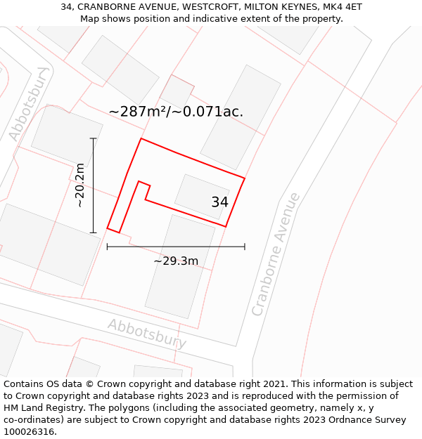 34, CRANBORNE AVENUE, WESTCROFT, MILTON KEYNES, MK4 4ET: Plot and title map