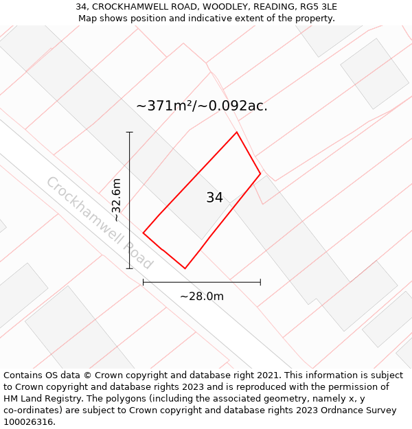 34, CROCKHAMWELL ROAD, WOODLEY, READING, RG5 3LE: Plot and title map