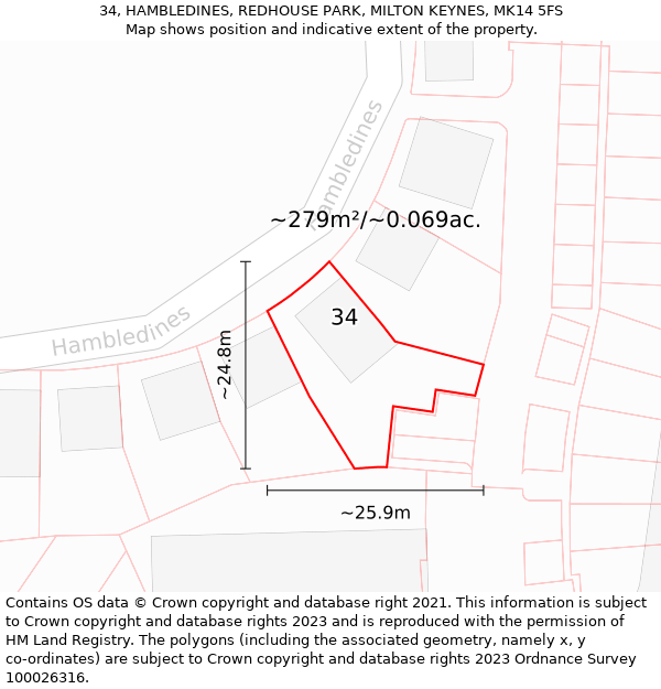 34, HAMBLEDINES, REDHOUSE PARK, MILTON KEYNES, MK14 5FS: Plot and title map